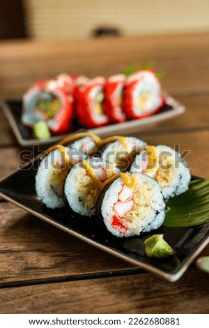 Sashimi, Sushi salmon  tuna sushi shrimp and wasabi on the wood table. Japanese food