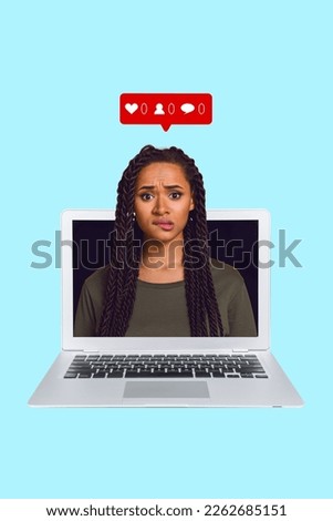 Vertical poster photo collage of young anxious stressed panic woman bite lips nervous bad mood laptop avatar unpopular isolated on blue background