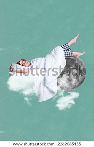 Artwork minimal collage of young carefree lightness sleeping after hard working day funny girl pajama moon planet isolated over sky background