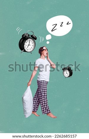 Vertical photo collage of young tired overworked girl wear pajama hold pillow timer awake good morning yawning isolated on blue gray background