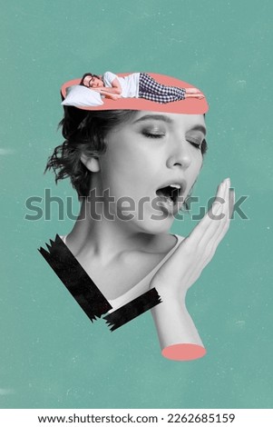 Vertical photo collage of young sleepy overworked exhausted woman stressed closed eyes mind relax morning yawning isolated on blue background