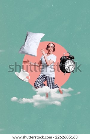 Collage photo of young carefree active awake girl jumping throwing pillow good crazy morning drink coffee alarm clock isolated on blue background