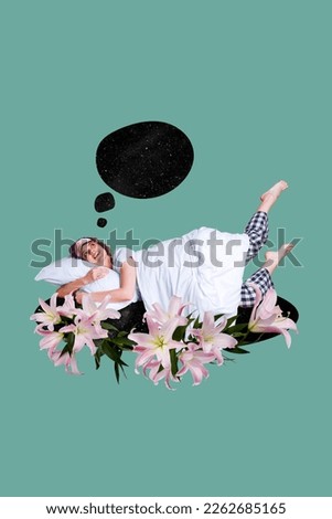 Collage photo artwork of young sleeping chilling nap nature beautiful flowers minded dream imagination comfort pillow isolated on blue background