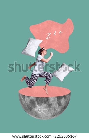 Vertical photo collage of young funny woman jumping running fast energy motivation good morning half moon oversleep isolated on blue background