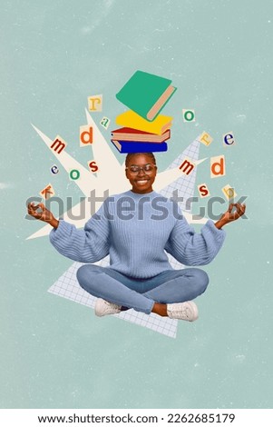 Collage creative artwork design photo of young positive relaxed hobby lady retreat chill prepare reading books isolated on blue color background