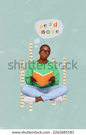 Composite photo artwork collage knowledge concept read more books get useful information literature important library isolated on blue background