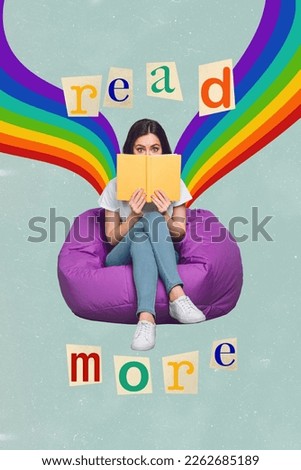 Vertical composite photo collage of young girl lgbt support reading hiding book literature beanbag relaxed comfort isolated on blue background