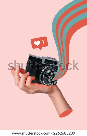 Vertical photo artwork design collage hand holding vintage photocamera shooting cadre popular picture online media isolated on beige color background Royalty-Free Stock Photo #2262685209