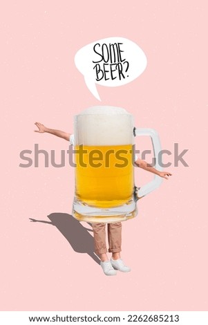 Composite collage photo of headless person body huge glass cup pint alcohol cold beer ale advert pub weekend isolated on beige color background