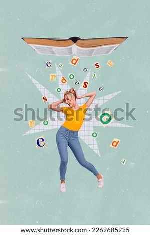 Photo collage artwork of young woman hobby carefree chilling flying letters reader literature books materials isolated on blue painted background