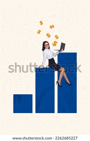 Photo creative artwork minimal collage of young successful entrepreneur sitting growing charts trading agent bitcoin isolated on white background