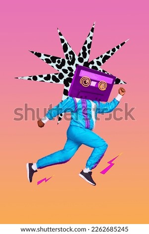 Vertical photo collage of young headless absurd athlete man running fast cassette record nostalgia music sportswear isolated on gradient background Royalty-Free Stock Photo #2262685245