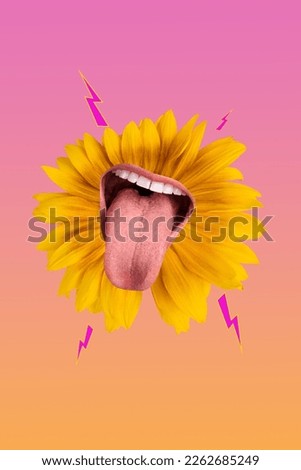 Vertical collage artwork photo of sunflower petals blossom crazy lick tongue out uneducated psychedelic psychedelic isolated on gradient background