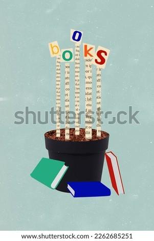 Vertical photo minimal collage of flower pot growing letters read books concept more useful knowledge information isolated on blue background