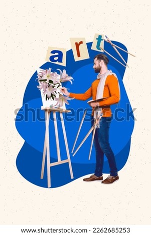 Creative artwork photo collage of young professional artist man wear scarf drawing surreal easel paintbrush flowers isolated on blue background