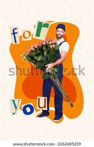 Collage photo poster of young delivery guy uniform service order huge flowers fresh bouquet gift surprise for you isolated on beige color background