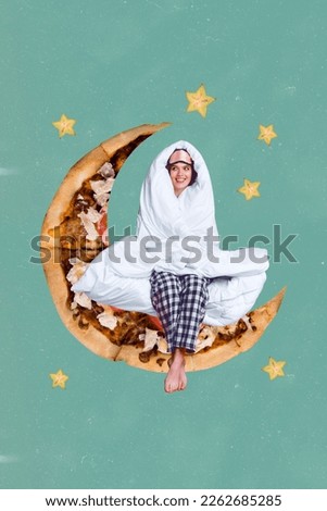 Vertical photo collage of young positive awakening girl sleepy wear pajama cover duvet sitting dream night moon pizza isolated on blue background.