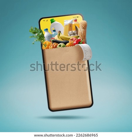 Online grocery shopping app: full grocery bag and receipt on smartphone screen Royalty-Free Stock Photo #2262686965