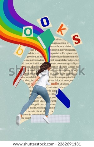 Vertical photo collage creative design of young girl run book character interesting personage enjoy reading books lgbt isolated on blue background
