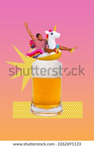 Vertical photo collage of young hang out man swimming rubber unicorn foam beer lager glass cup summer isolated on gradient background