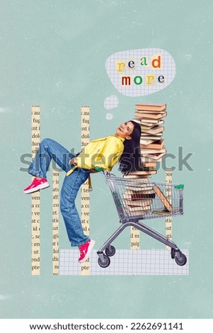 Composite collage photo artwork of young addicted bookworm funny positive girl hypermarket trolley literature store isolated on blue background