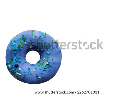 blue blueberry, bog bilberry donut on white background, close-up, top view, text space