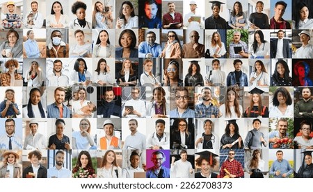 Hundreds of multiracial people crowd portraits headshots collection, collage mosaic. Many lot of multicultural different male and female smiling faces looking at camera. Diversity and society concept.