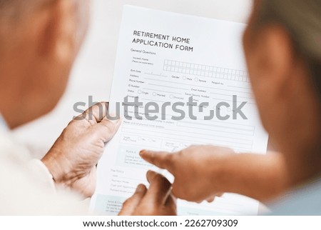 Contract, hands or senior couple with retirement paper agreement, reading legal documents or home application. Compliance, form questions or senior people reading info for safety or security together
