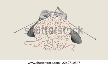 Contemporary art collage. Human hands knitting brain. Growing psychological and emotional stability. Abstract design. Concept of psychology, inner world, mental health, feelings. Conceptual art Royalty-Free Stock Photo #2262710847