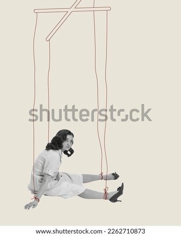 Contemporary art collage. Human manipulation. Young woman sitting in sadness with hands and legs on threads. Marionette. Concept of psychology, inner world, mental health, feelings. Conceptual art