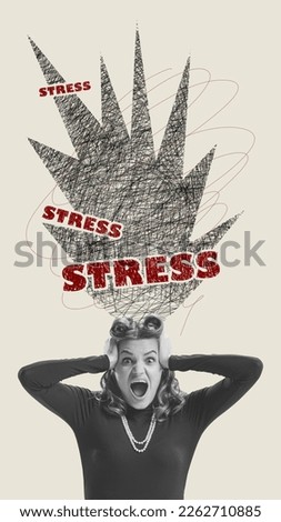 Contemporary art collage. Young woman emotionally holding head and shouting. Suffering from stress and negative impact. Concept of psychology, inner world, mental health, feelings. Conceptual art