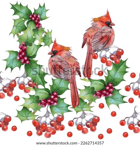 Cardinal birds are a symbol of Christmas. Can be used as a postcard, cover background, or for a web message. Vector illustration in a watercolor style. Seamless Pattern.
