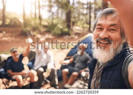 Camping, selfie and senior man with friends in nature taking pictures for happy memory. Asian, face portrait or group of elderly men take photo for social media after trekking hike outdoors at camp.