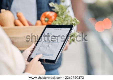 Tablet in hands, digital invoice and delivery man with small business stock, owner and supply chain with vegetables outdoor. Hospitality, organic product and woman does inventory check with tech
