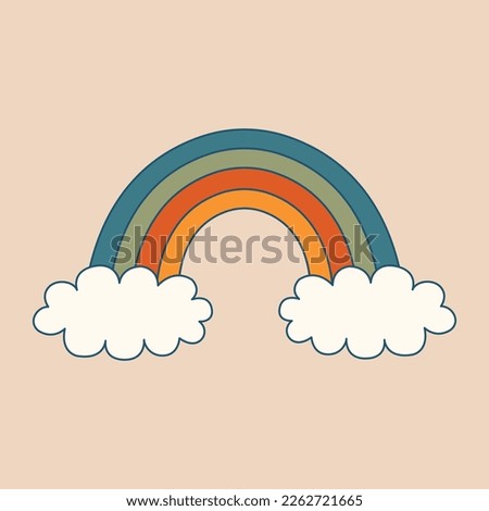 Colorful minimalistic rainbow with cloud. Retro, psychedelic clip art. Hippie groovy illustration in flat style. 60's, 70's concept for card, sticker, merch.