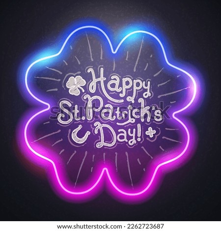 Hand Drawn Chalkboard Happy St. Patrick's Day Lettering on Blackboard Background with Neon Clover Leaf. Vector clip art.