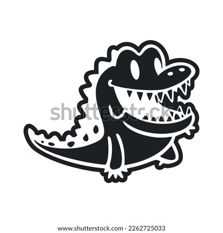 Black and white Simple logo with a cute Cheerful crocodile.