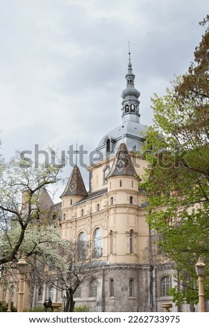 Castle and tree view. Historic building of Vajdahunyad Castle landmark in Budapest, Hungary