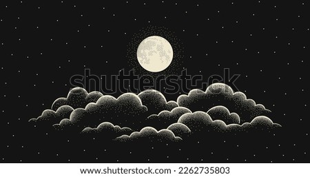 Night starry sky with full moon and cloud. Vector background with cloudy sky, moonlight