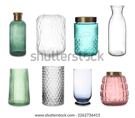Set of different stylish glass vases on white background Royalty-Free Stock Photo #2262736415
