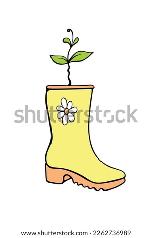 Vector outline rubber rain boot with plant sprout, seedling. Cute seasonal spring color illustration. Shoes as pot. Design element, clip art in doodle style, isolated
