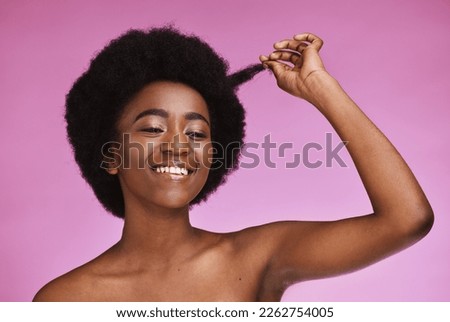 Afro, hair and natural by portrait of black woman in studio for beauty, wellness and grooming on purple background. Haircare, hairstyle and face of girl model relax in luxury, hygiene or routine