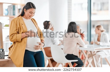 Pregnant, stomach and business woman in office workplace feeling love, happy and hope for baby. Pregnancy, maternity and employee or mother touch belly with care, affection and excited for childbirth