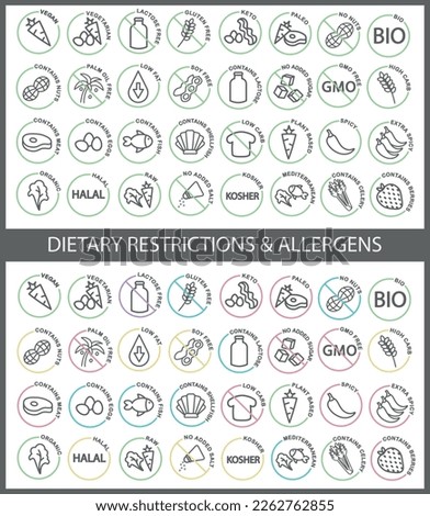 Dietary restrictions such as vegan, vegetarian, keto and allergens such as peanuts, dairy, gluten thin line round text vector icons. Royalty-Free Stock Photo #2262762855