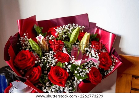Close-up of a beautiful romantic bouquet of red roses on Valentine's Day