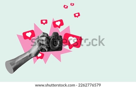 Art collage, Contemporary art collage with a man's hand holding a camera, taking a picture against a light-coloured background. 