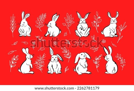 Funny cute Easter bunnies in various sitting poses, white hand drawn cartoon animals. White outlines of decorative fantasy herbs on red background. Doodle designs for prints, coloring book clip art