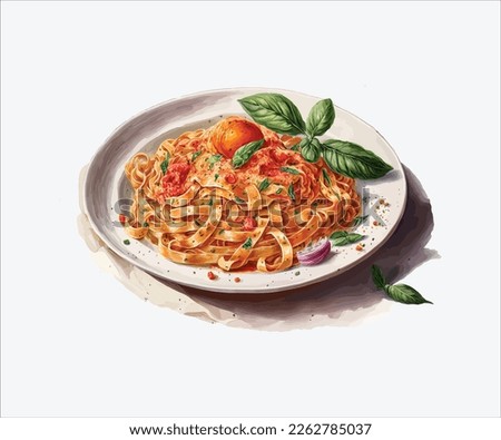 Watercolor italian pasta with basil and onion in white background Royalty-Free Stock Photo #2262785037