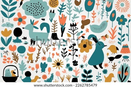 cute background with plants, animals and delicate, minimalistic elements