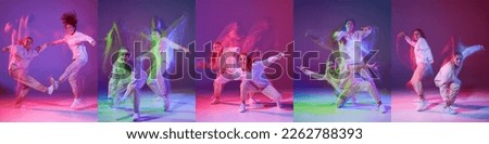 Music in moves. Young expressive contemp dance dancers dancing in mixed neon light. Concept of dance, youth, hobby, dynamics, movement, action, ad. Banner with copy space for ad. Collage Royalty-Free Stock Photo #2262788393
